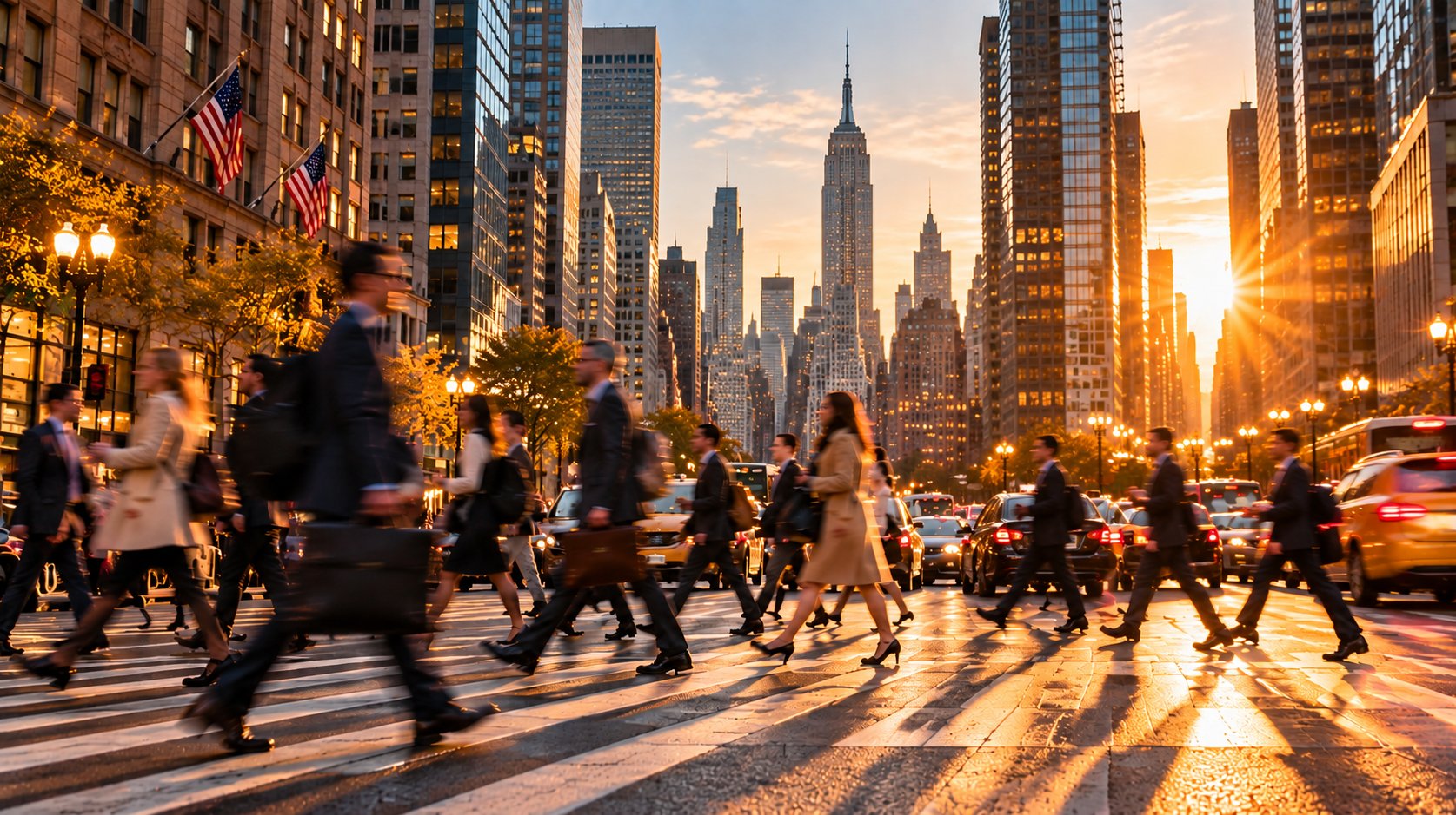 Business people crossing a Manhattan street at sunset